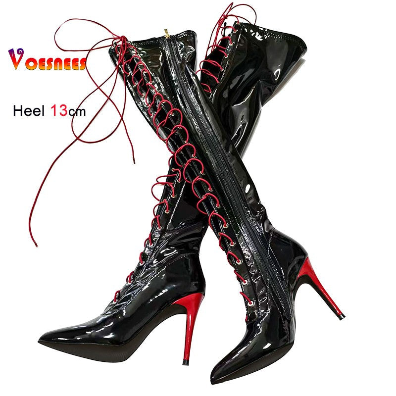 13CM Thin Heel Black Lace-up Over the knee Boots Woman Fetish Pointy Toe Boots Elastic Leather Thigh High Sexy Women Party Shoes