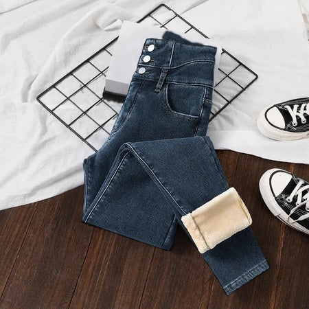 Winter Thick Velvet Women High Waist Skinny Jeans Simple Fleece Warm Slim Fit Stretch Ladies Casual Slim Denim Pencil Pants Y2K