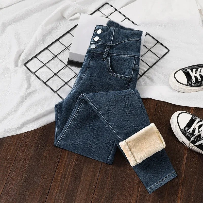 Winter Thick Velvet Women High Waist Skinny Jeans Simple Fleece Warm Slim Fit Stretch Ladies Casual Slim Denim Pencil Pants Y2K