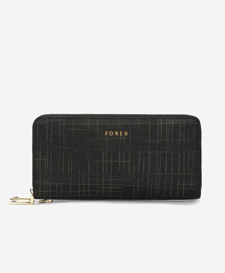 FOXER Split Leather Lady's Wallet Bifold Long Clutch Bag with Wristlet Fashion Card Holder Coin Purse Cellphone Money Bag