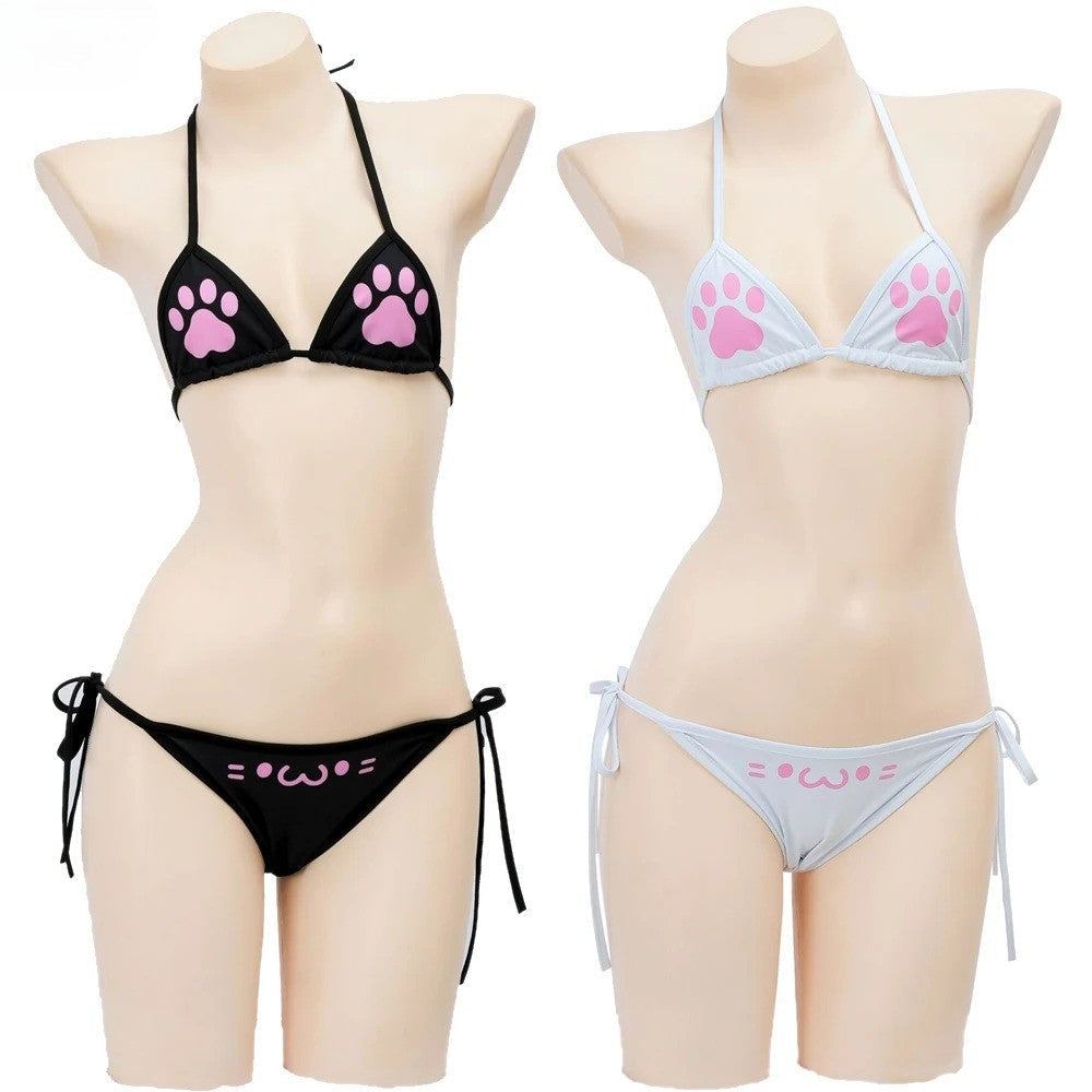 Japanese Anime Kawaii Girl Cute Cat Paw Bikini Swimsuit Women Claw Pattern Three Point Underwear Bra Panties Set Costume Cosplay