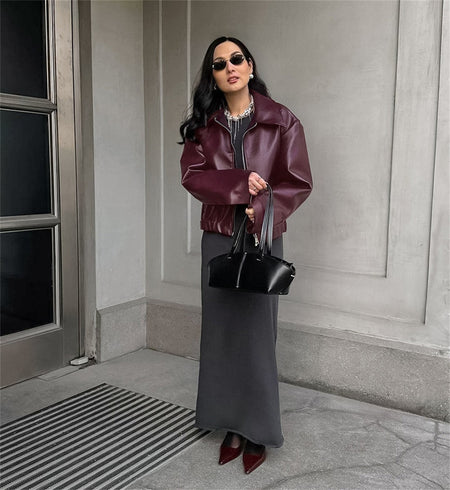 Women Vintage Wine Red Faux Leather Jakcet Fashion Outerwear Zipper Lapel Pu Coats Autumn Winter Streetwear Ladies Short Tops