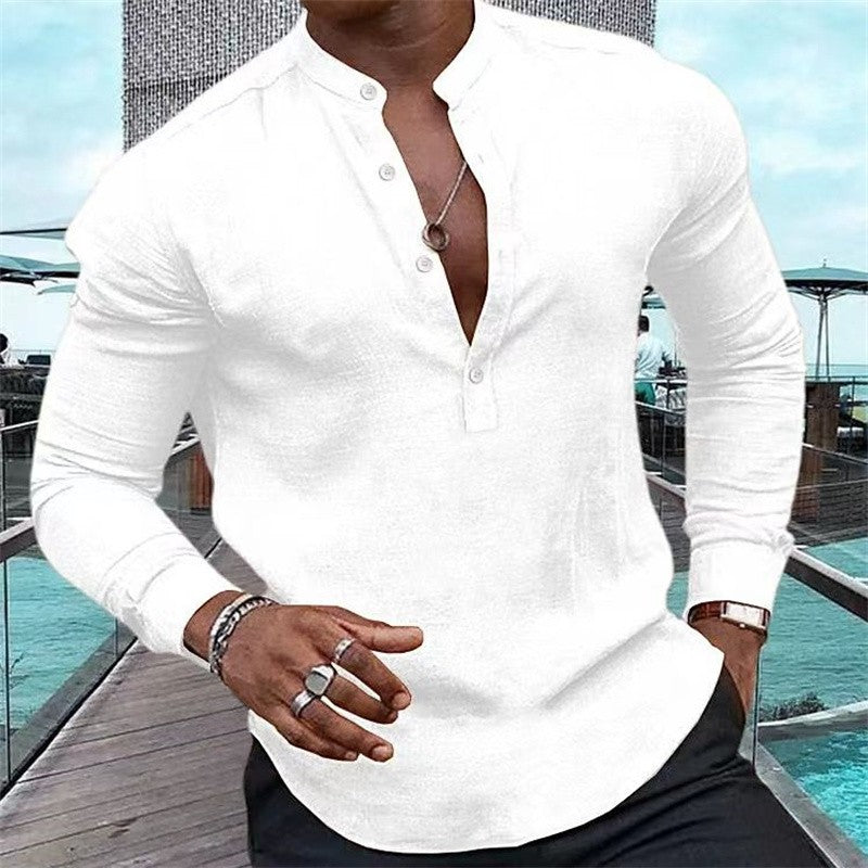 Fashion Men's Long Sleeve Solid Color Half Cardigan Henley Collar Shirt Pink Long Sleeve Hawaiian Vacation Shirt Summer Casual