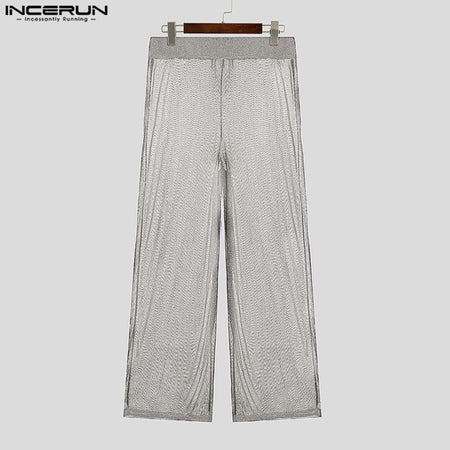 Shiny Men Casual Trousers 2024 Men Fashion Long Pnats INCERUN Elastic Waist See Through Wide Leg Bottoms Trousers Men