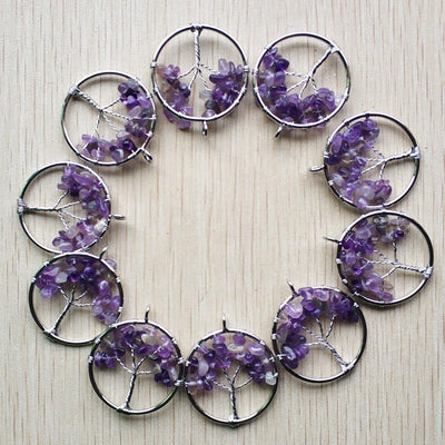 Natural Amethysts Roses Quartz Stone Handmade Wire Wrapped Tree of Life Pendants 30mm for Jewelry Marking Wholesale 12pcs/lot