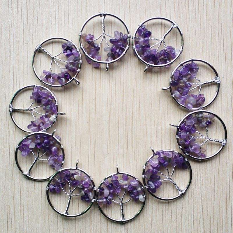 Natural Amethysts Roses Quartz Stone Handmade Wire Wrapped Tree of Life Pendants 30mm for Jewelry Marking Wholesale 12pcs/lot