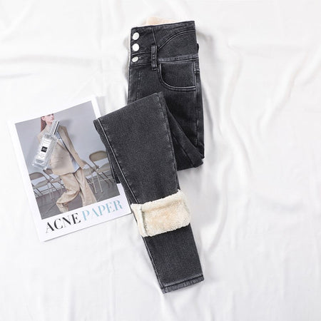 Winter Thick Velvet Women High Waist Skinny Jeans Simple Fleece Warm Slim Fit Stretch Ladies Casual Slim Denim Pencil Pants Y2K