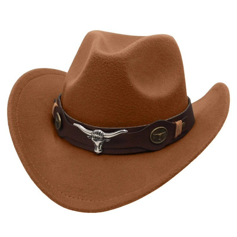 New Felt Western Cowboy Hat Ox Head Accessories Ethnic Style Roll Brim Cowgirl Cap with Cow Band Soft Jazz Fedora Hats Men