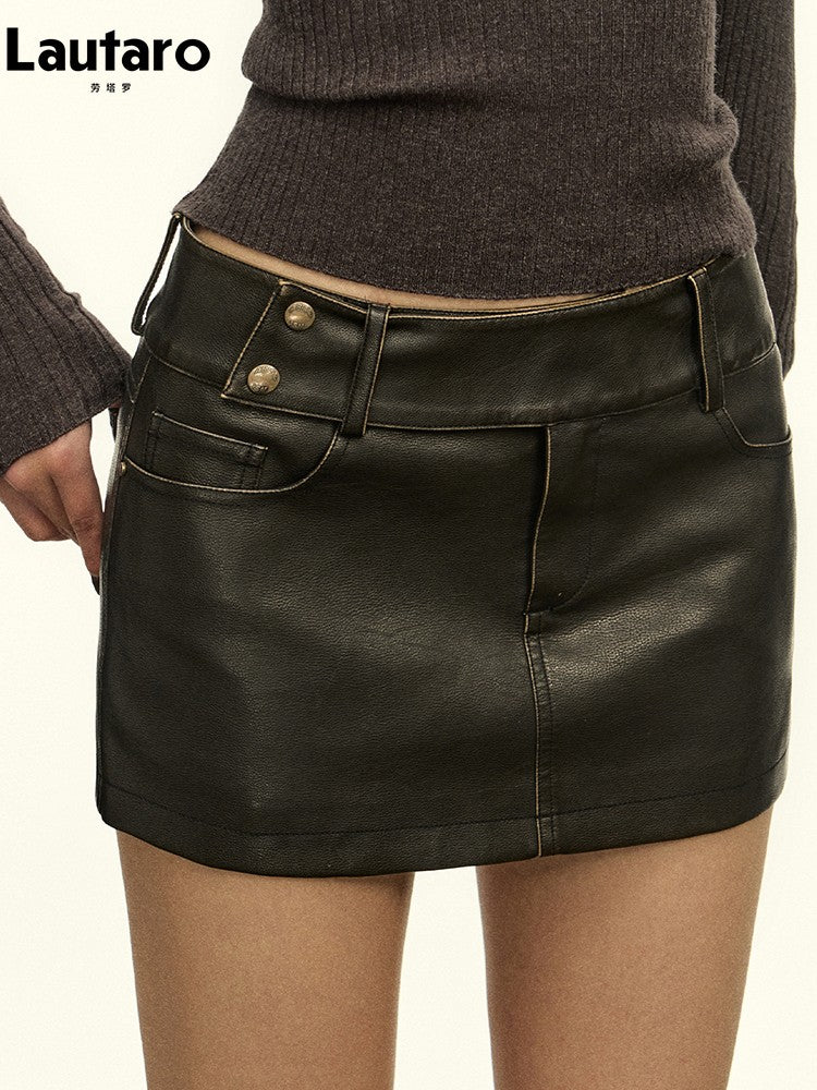 Lautaro Spring Summer Black Mini Skirt Women with Low Waist Short Distressed Pu Leather Skirts for Woman 2024  Gyaru Clothes