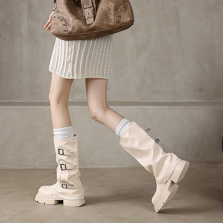 Pleated Buckle Knight Boots for Women Autumn Brown PU Leather Mid Calf Boots Woman Slip-On Thick Heel Riding Botas Mujer 2024