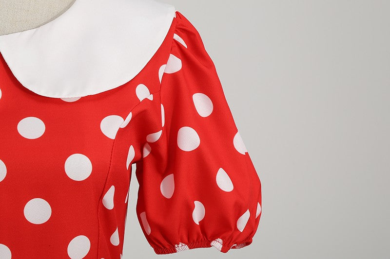 Elegant Women Summer Dress Puff Short Sleeve Polka Dot Peter pan Collar Vintage A-line Midi Long Party Sundress