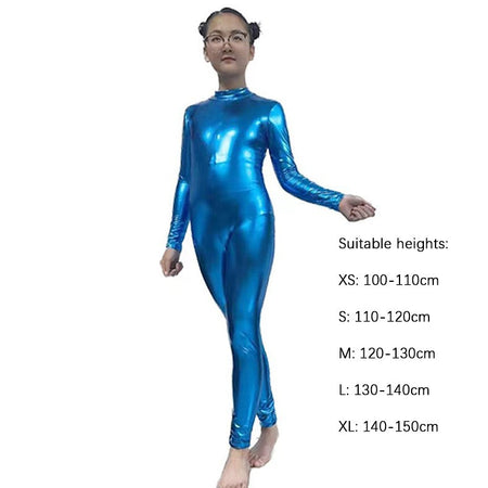 Kids Shiny Full Body Zentai Suit Metallic Tight Jumpsuit Halloween Cosplay Stage Performance Costume for Girls Boys
