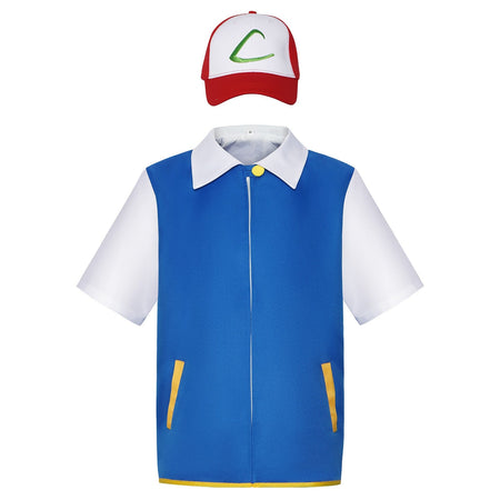 Men's Anime Trainer Cosplay Costume, Adult Ash Ketchum Outfit with Blue Jacket, Cap and Gloves, Unisex Halloween Party Disfraz