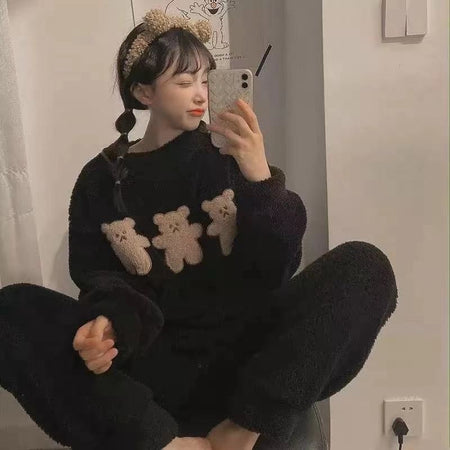 2pcs/Set Women's Pajamas Winter Facecloth Long-Sleeved Padded And Thickened Warm Student Pajamas Homewear Suit Bear Girls Clothe