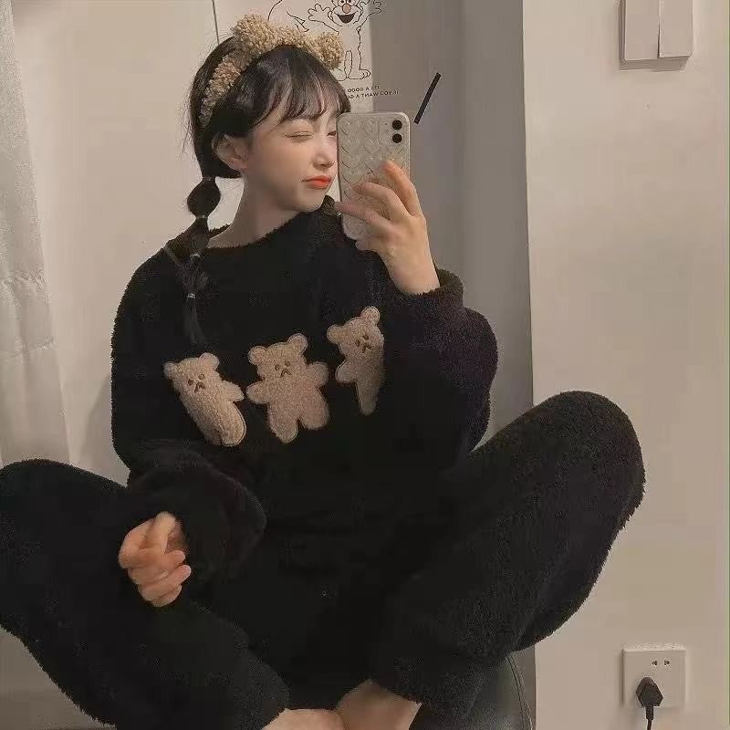 2pcs/Set Women's Pajamas Winter Facecloth Long-Sleeved Padded And Thickened Warm Student Pajamas Homewear Suit Bear Girls Clothe