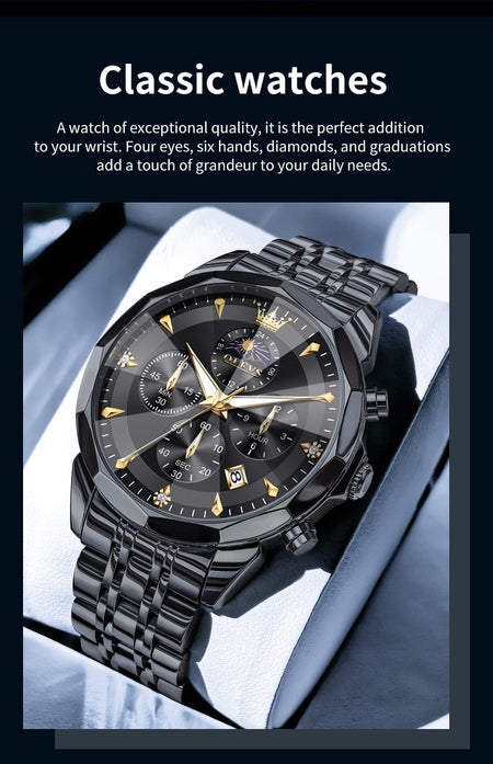 OLEVS Original Fashion Moon Phase Men's Watches Waterproof Chronograph Quartz Watch Stainless steel Calendar Brand Wristwatch