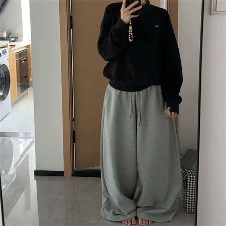 Oversize Woman Grey Black Sweatpants Y2K Korean Streetwear Loose Casual Jogger Pants High Waist All Match Drawstring Trousers