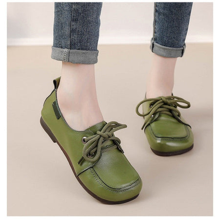 Vintage Plain Oxfords Shoes Women's Genuine Leather Flats Ladies Laced Up Moccasins Elderly Woman Square Toe Driving Loaferss