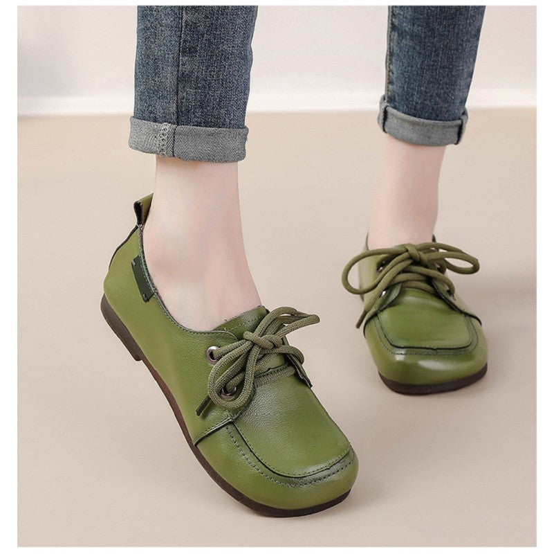 Vintage Plain Oxfords Shoes Women's Genuine Leather Flats Ladies Laced Up Moccasins Elderly Woman Square Toe Driving Loaferss