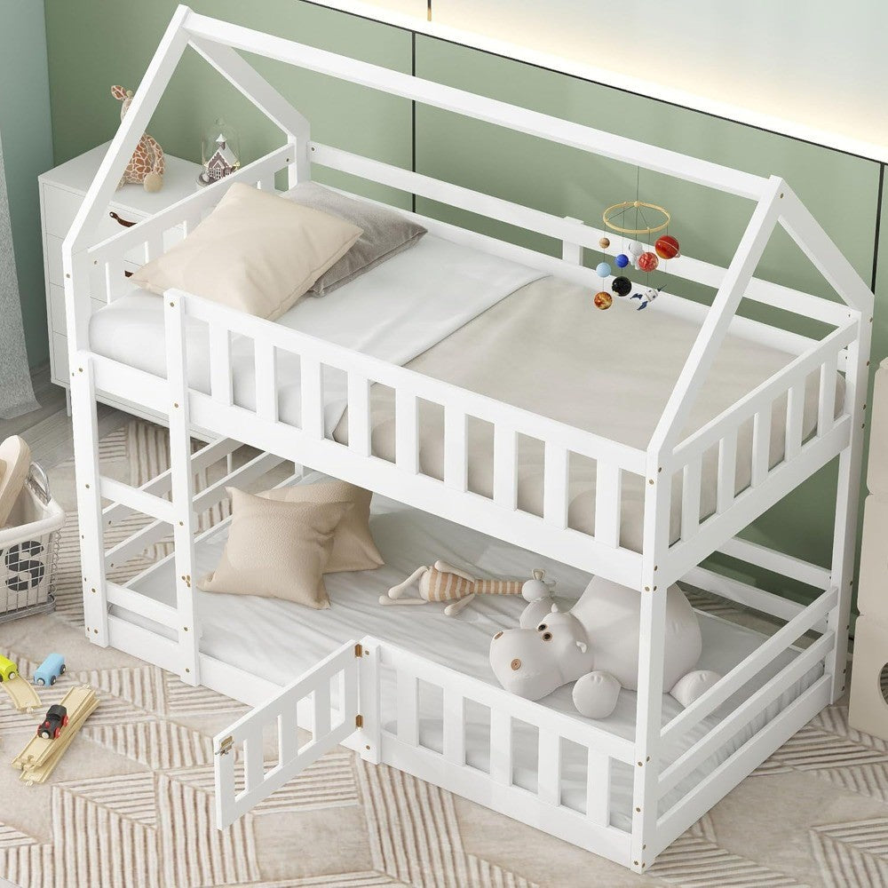 Twin Over Twin House Bunk Bed Frame for Boys Girls Kids Adults Toddler with Fence and Door, White