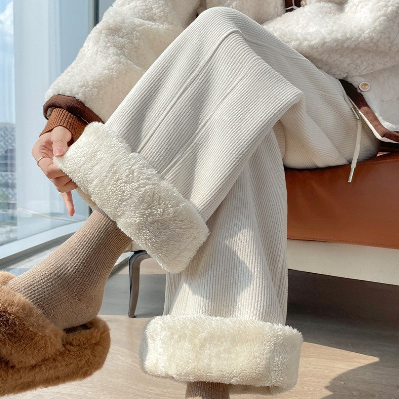 High Waist Warm Trousers Fashion Winter Fleece Thickened Women's Pants Solid Color Loose Elastic Waist Straight Casual Pants