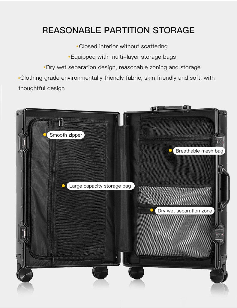 All-aluminum-magnesium alloy suitcase: women's 24-inch aluminum-framed swivel trolley case, men's 20-inch boarding travel metal