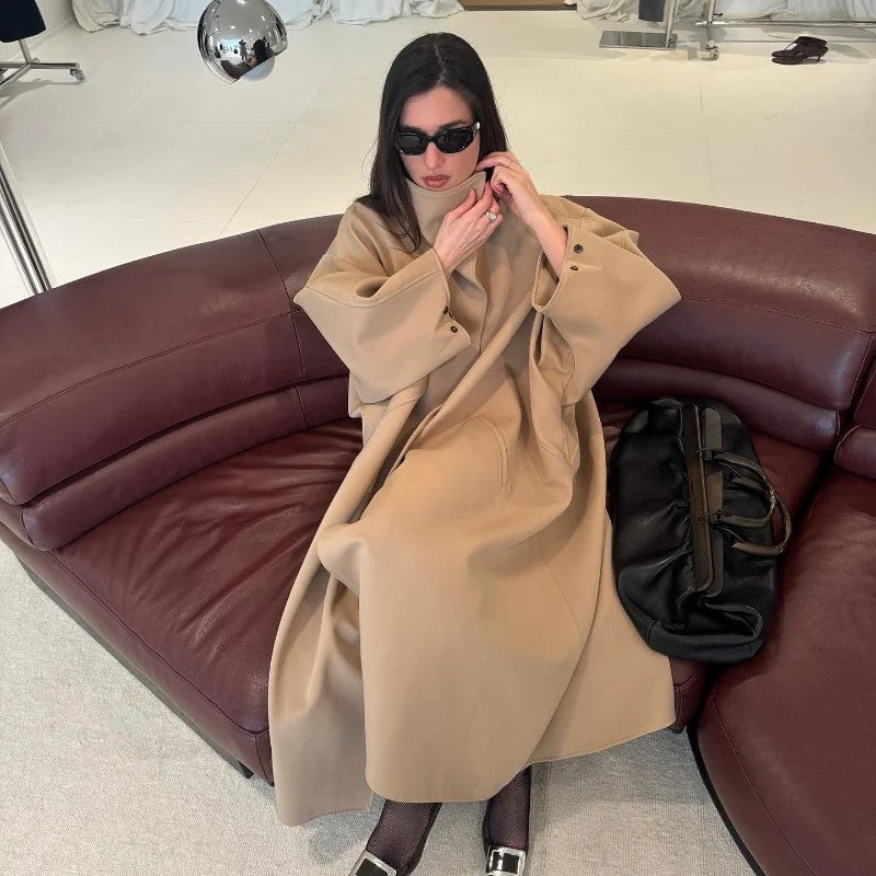 Fashion Loose Women's Trench Coat Stand Collar Batwing Sleeve Oversized Long Coats 2025 New Autumn Casual Street Chic Outwear