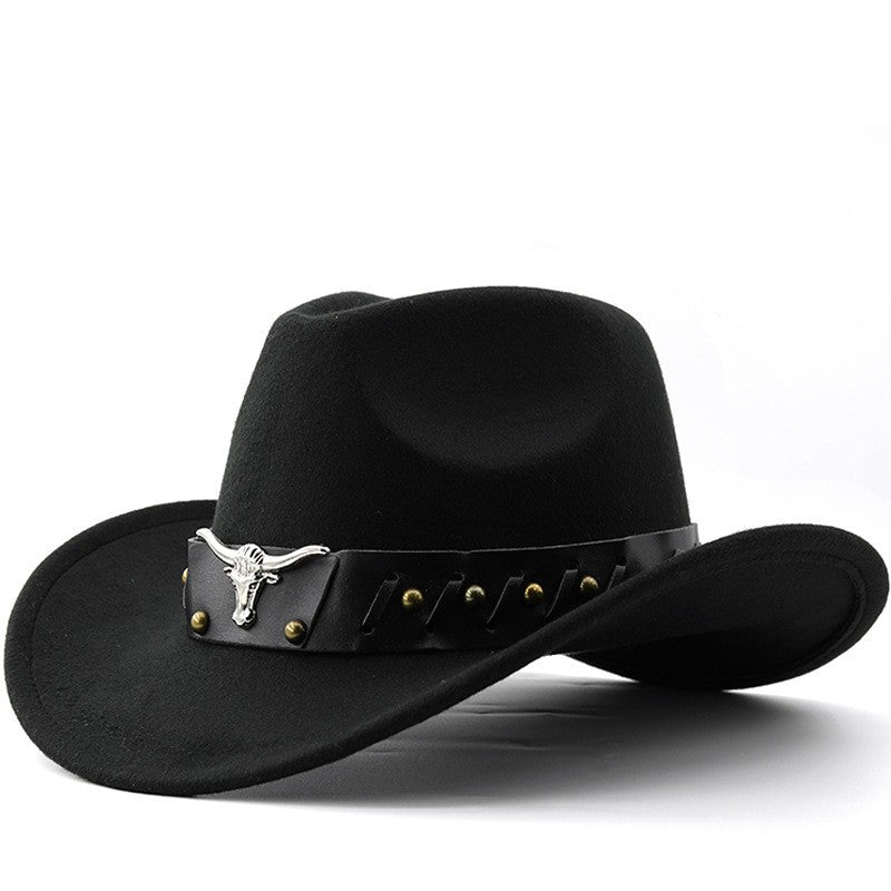 New Western Cowboy Hat Roll Brim Cowgirl Cap Cowboy Jazz Fedora Hats Felt Cap with Cow Band for Women Men