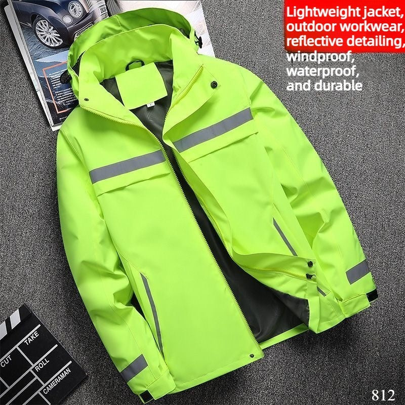 Lightweight Hooded Work Jacket, Waterproof Abrasion Resistant Reflective Outdoor Windbreaker