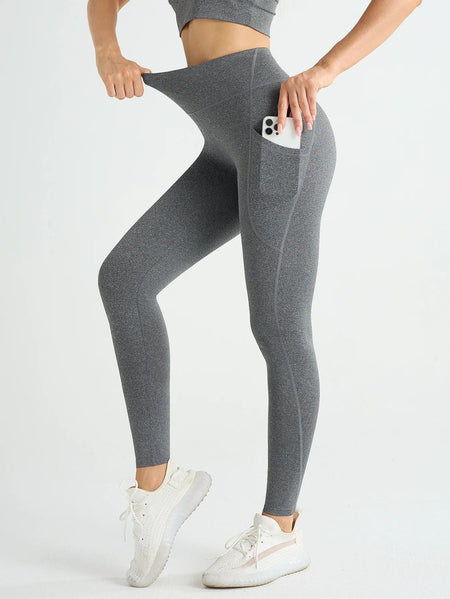 New High Waist Women's Leggings Stretch Yoga Pants Tights With Pockets Push Up Fitness Running Sportswear Solid Color Pants