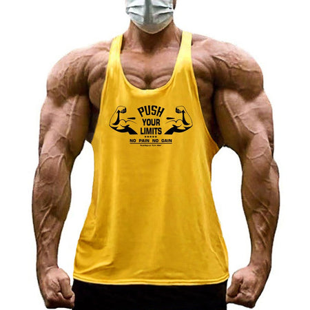 PUSH YOUR LIMITS NO PAIN NO GAIN Cotton Gym Tank Top Mens Bodybuilding Clothing Y Back Fitness Stringer Singlets Workout Shirt