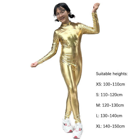 Kids Shiny Full Body Zentai Suit Metallic Tight Jumpsuit Halloween Cosplay Stage Performance Costume for Girls Boys
