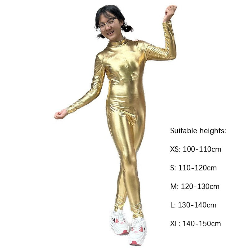 Kids Shiny Full Body Zentai Suit Metallic Tight Jumpsuit Halloween Cosplay Stage Performance Costume for Girls Boys
