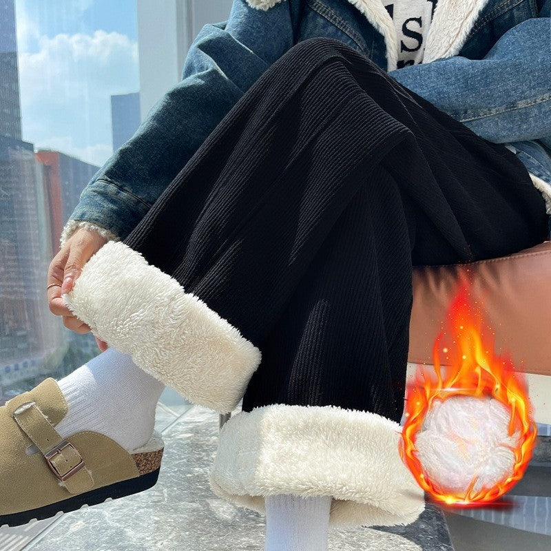 High Waist Warm Trousers Fashion Winter Fleece Thickened Women's Pants Solid Color Loose Elastic Waist Straight Casual Pants