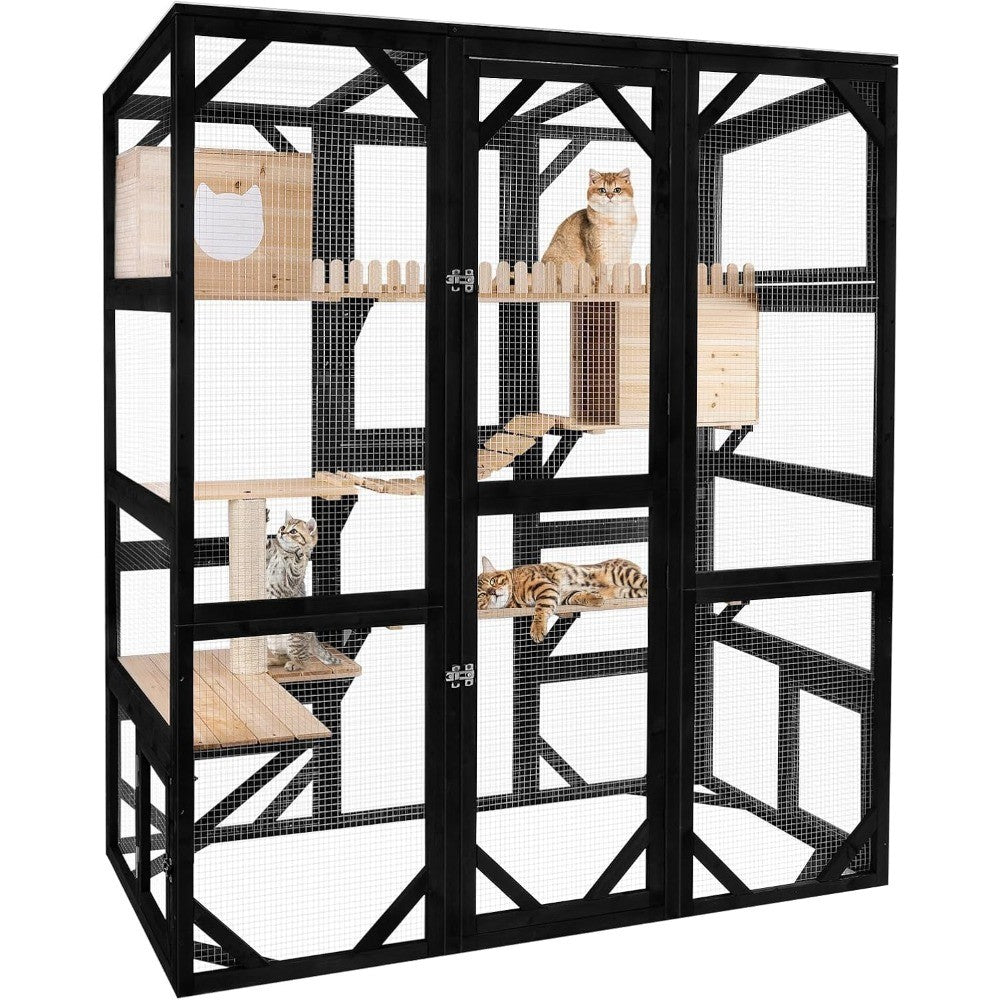 Large Cat Catio Outdoor Window Enclosure 73" Wooden Cat House Attached to Window Catio for Cats Walk in Kitty Kennel with Large