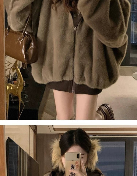 American Retro Reversible Velvet Zipper Hooded Jacket Women Winter Fashion Street Thick Loose Warm Harajuku Casual Plush Jacket