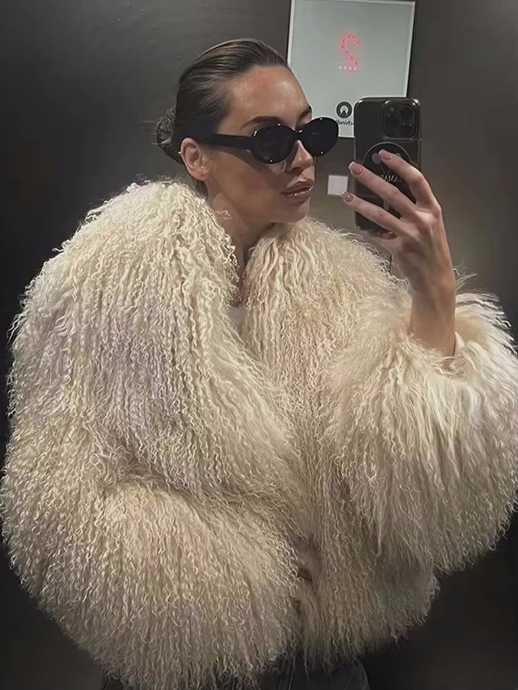 Fashion Solid Plush Faux Fur Coat Women Elegant Warm Long Sleeves Loose Jacket 2025 Lady Winter Chic High Street Outerwear ?