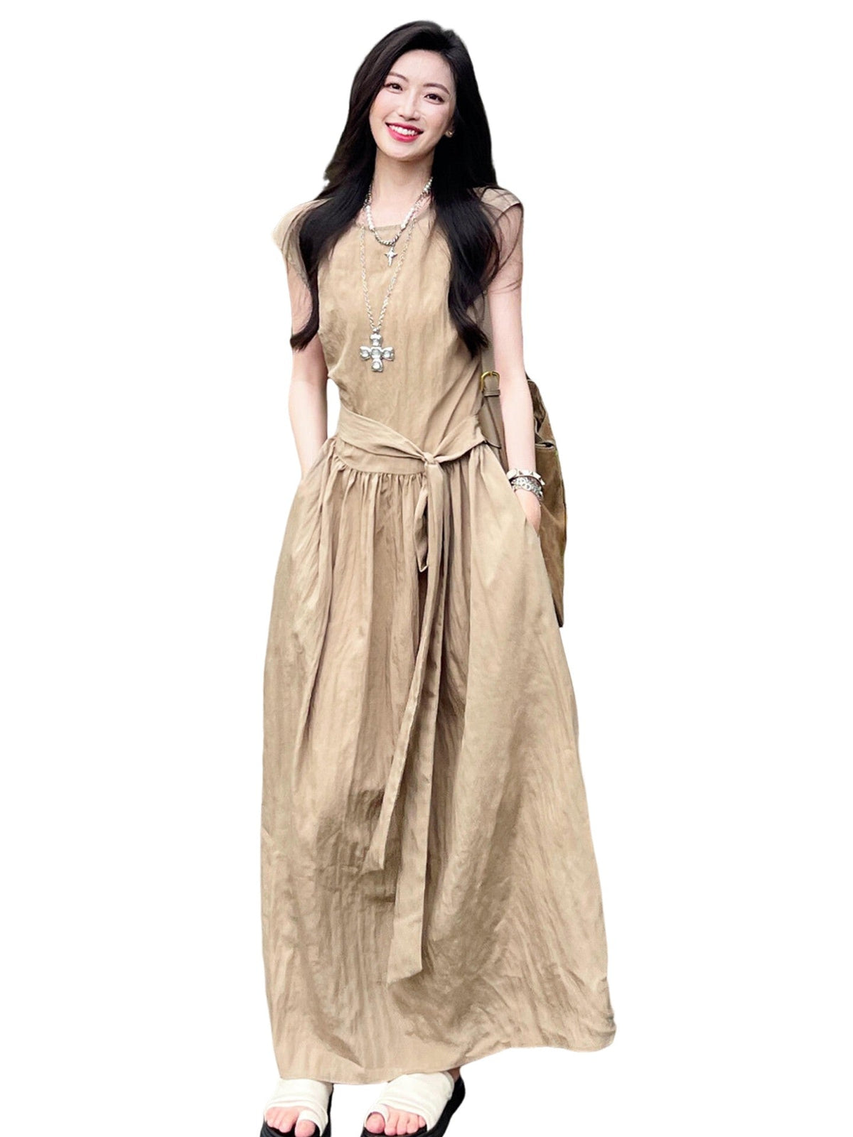 French Riviera Maxi Dress Women Sleeveless Vacation Wear Sculpted Waist Effortless Elegance Seaside Aesthetic Minimalist Luxury