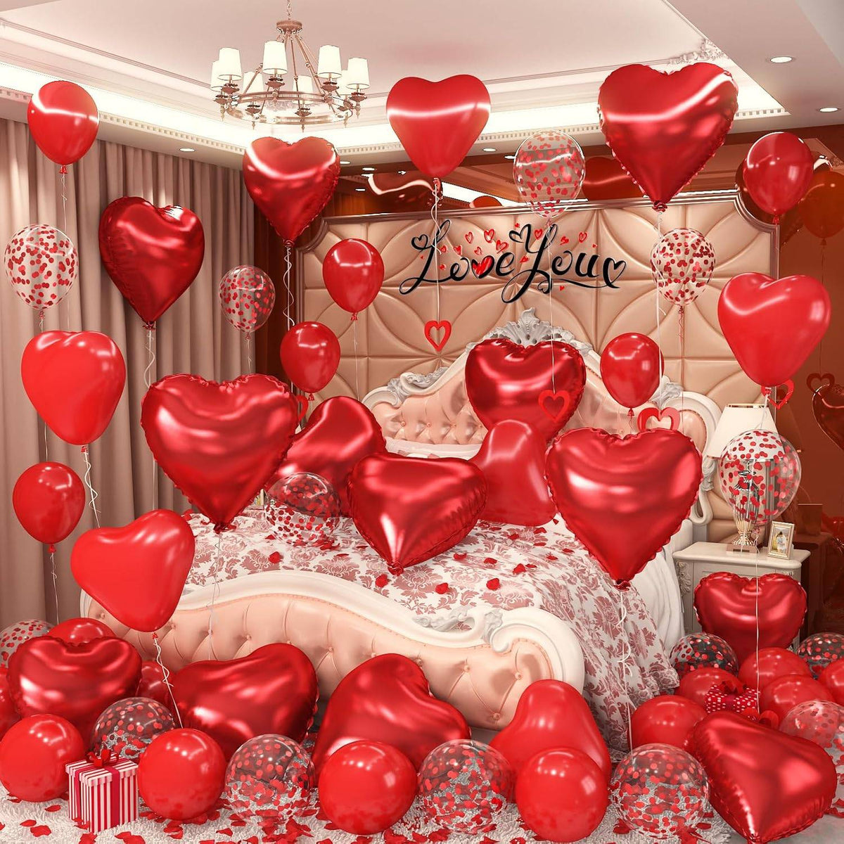 I Love You/Red Heart Love Foil Balloon 1000Pcs Rose Petals for Wedding Anniversary Valentine Day Romantic Special Night Party