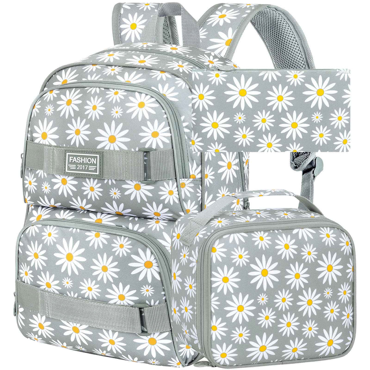 3PCS Daisy Girls Backpack, 17 Inch Laptop School Bookbag Teen College Water Resistant Kids Backpacks with Lunch Box Set - Grey