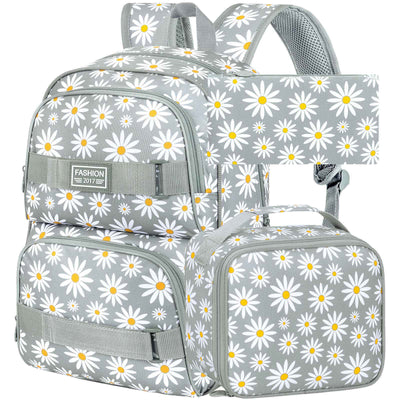 3PCS Daisy Girls Backpack, 17 Inch Laptop School Bookbag Teen College Water Resistant Kids Backpacks with Lunch Box Set - Grey