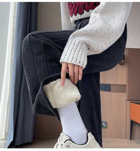High Waist Warm Trousers Fashion Winter Fleece Thickened Women's Pants Solid Color Loose Elastic Waist Straight Casual Pants