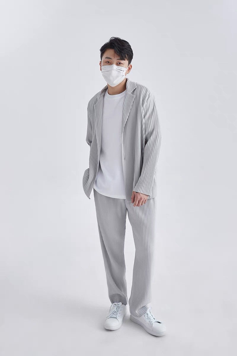 Miyake New 2025 Spring Suit Long Sleeve Pleated Pleated Men's Jacket Lapel Pleated Solid Color Fashion Loose Plisse Casual Top