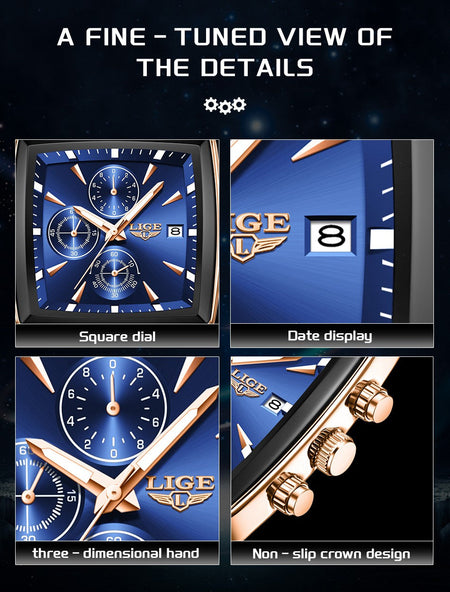LIGE Top Brand Luxury Mens Watches Fashion Military Square Chronograph Quartz Wristwatches For Men Sports Waterproof Watch Men