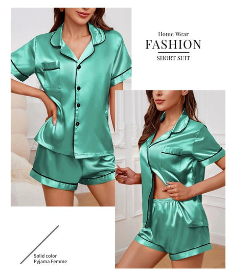 Luxurious Satin Pajama For Women Turn-down Collar Button Top & Shorts Sleepwear & Loungewear for Summer Home Clothes Suit