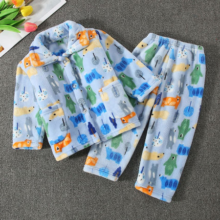 High Quality Coral Fleece Flannel Cute Cartoon Pattern Pajama Sets Boys and Girls Long Sleeve Warm Comfortable Winter Sleepwear