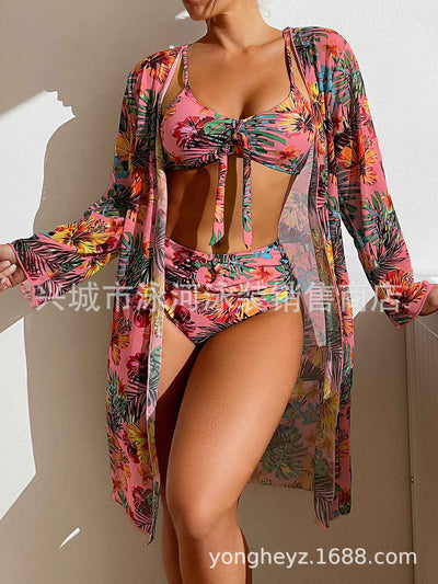 Bohemian Print Sexy Women's Beach Bikinis Three Pieces Bikini Set Cover Up Swimwear High Waisted Bikini Set Women Swimsuit 2025
