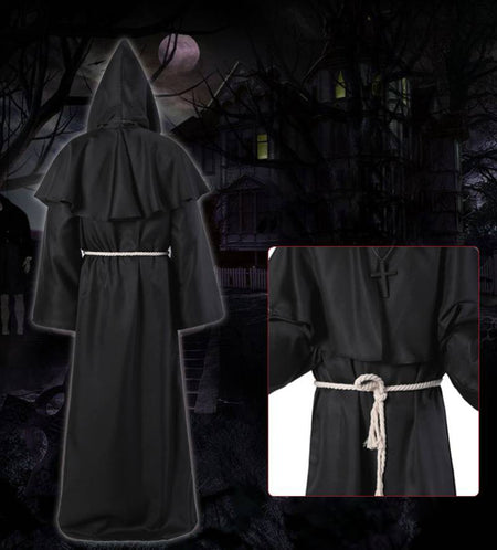 Halloween Wizard Cosplay Medieval Monk Hooded Robe Costume Mask Hat For Men Steampunk Priest Horror Masquerade Unisex Cloak Cape