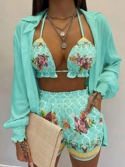2023 New Green Print High Waist Bikini Sets Swimsuit Women Sexy Lace Up Three Pieces Swimwear Beachwear For Bathing Suit