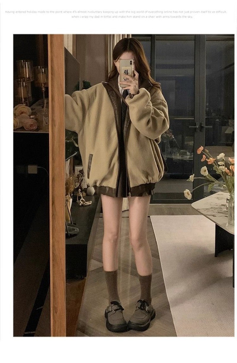 Maillard Fashion PU Leather Jacket With Lambswool Coat Both Sides Female Y2K Winter New Velvet Locomotive Cotton-padded Jacket